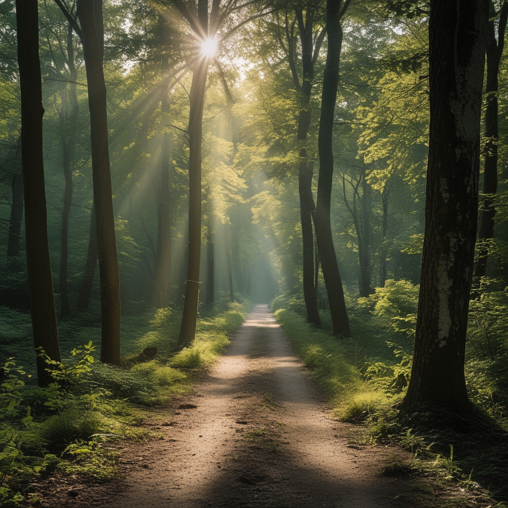Ruhiger Waldweg mit gefilterten Sonnenstrahlen durch Baumkronen, weicher Waldboden, tiefe grüne Farben, Stille und Tiefe in der Natur, keine Personen