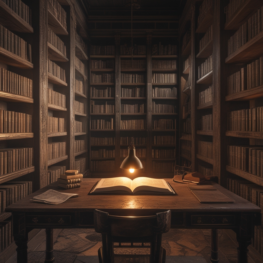 Offene Bibliothek mit Holzregalen voller Bücher, warme Glühbirnen beleuchten den Raum, ein leerer Holzschreibtisch mit aufgeschlagenem Buch, ruhige und nachdenkliche Atmosphäre