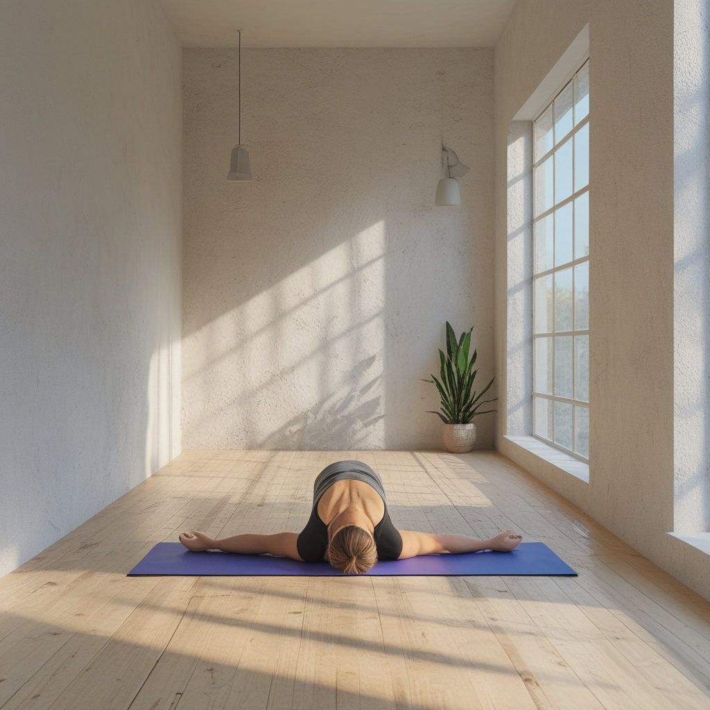 Ruhiger Yogaraum mit Holzdielenboden und weißen Wänden, eine Person in entspannter Vorwärtsbeuge-Position auf einer Yogamatte, natürliches Seitenlicht durch hohe Fenster