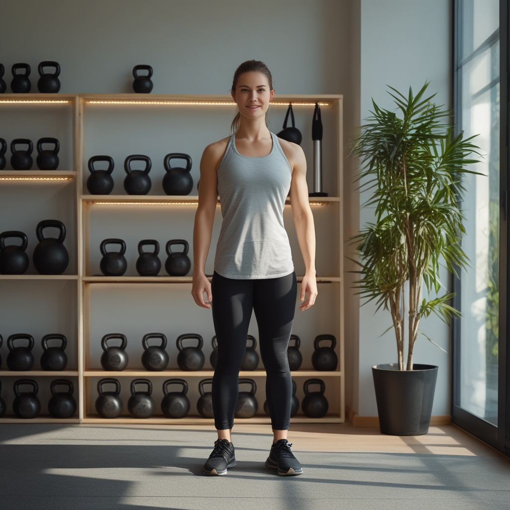 Modernes Fitnessstudio mit Tageslicht, schwere Kettlebells und freie Gewichte auf einem Holzregal, klare geometrische Linien, kein Mensch, stimmungsvolles Industrielicht